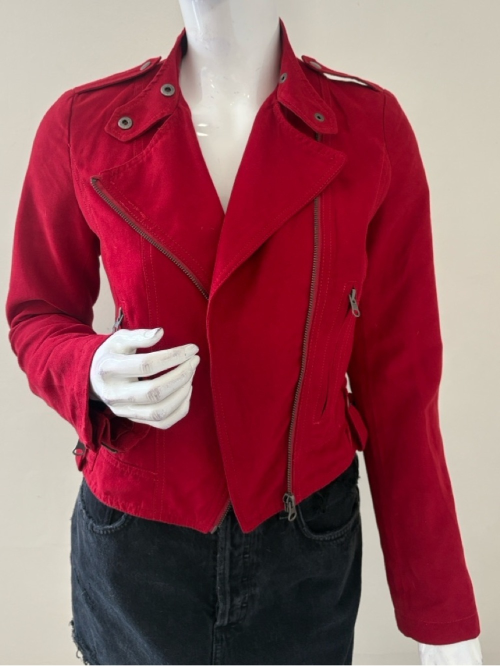 00s Forever 21 Red Asymmetric Faux Suede Cropped Moto Biker Jacket Side Buckles